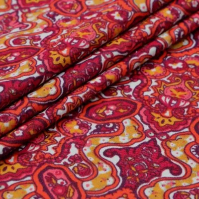 Burgundy poppy mustard white printed spandex — wholesale fabric