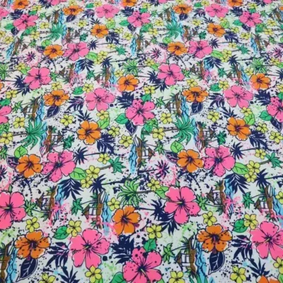 Printed Spandex Floral White Green Hot Pink Orange Yellow Navy Chocolate #105 — spandex fabric by the yard | Stretch House