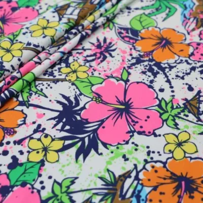 Floral printed spandex in white, green, hot pink, orange, yellow — wholesale fabric