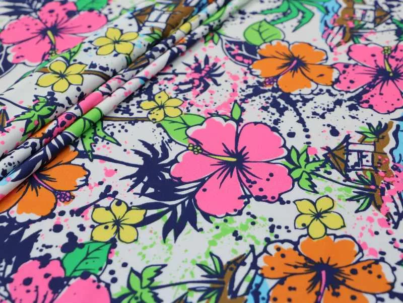 IMG_2252 Floral printed spandex in white, green, hot pink, orange, yellow — wholesale fabric