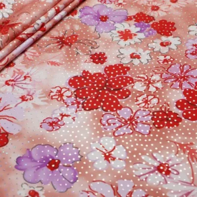 Printed spandex foil silver dot in dusty mauve, red, lilac, and white — wholesale fabric
