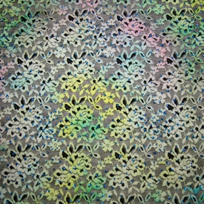 Green/ Pink/ Yellow Multi Spandex Lace — spandex fabric by the yard | Stretch House