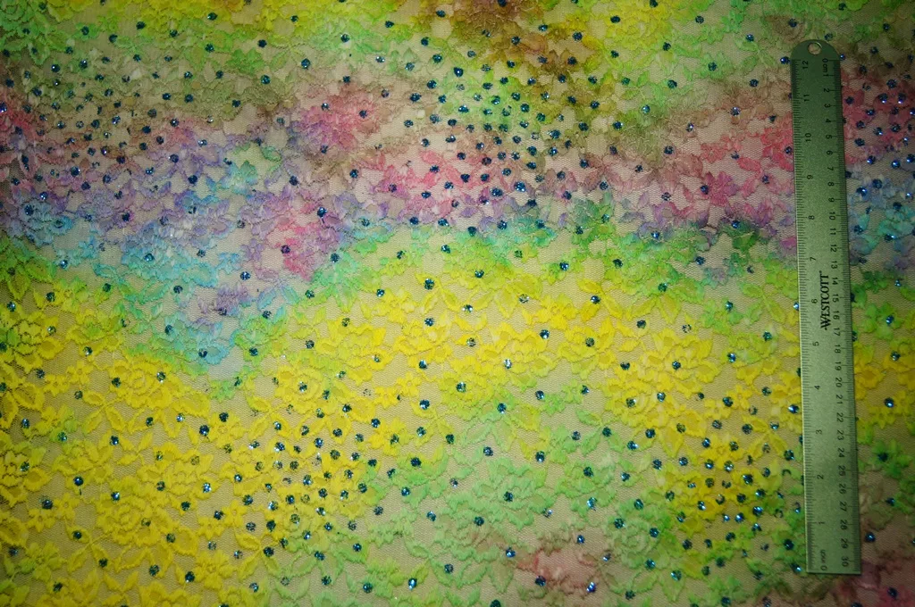 Multi Lime Green/ Pink/ Yellow Multi Spandex Lace — spandex fabric by the yard | Stretch House