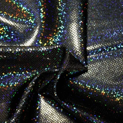 Digital holo foil dot spandex in black — wholesale fabric