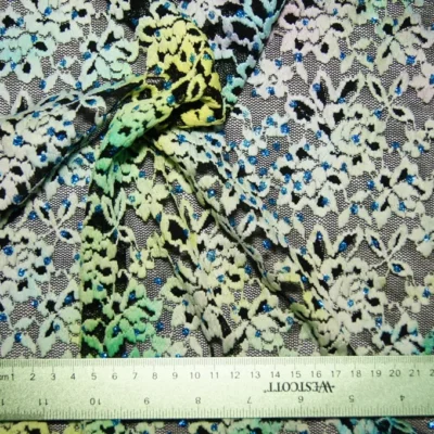 Green/ Pink/ Yellow Multi Spandex Lace — spandex fabric by the yard | Stretch House