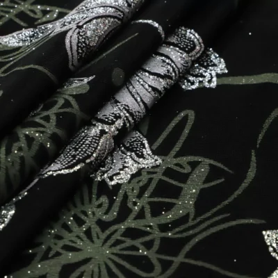 Glitter Slinky Acetato Spandex Motif Black Olive Silver — Wholesale Glitter Stretch Fabric | Stretch House
