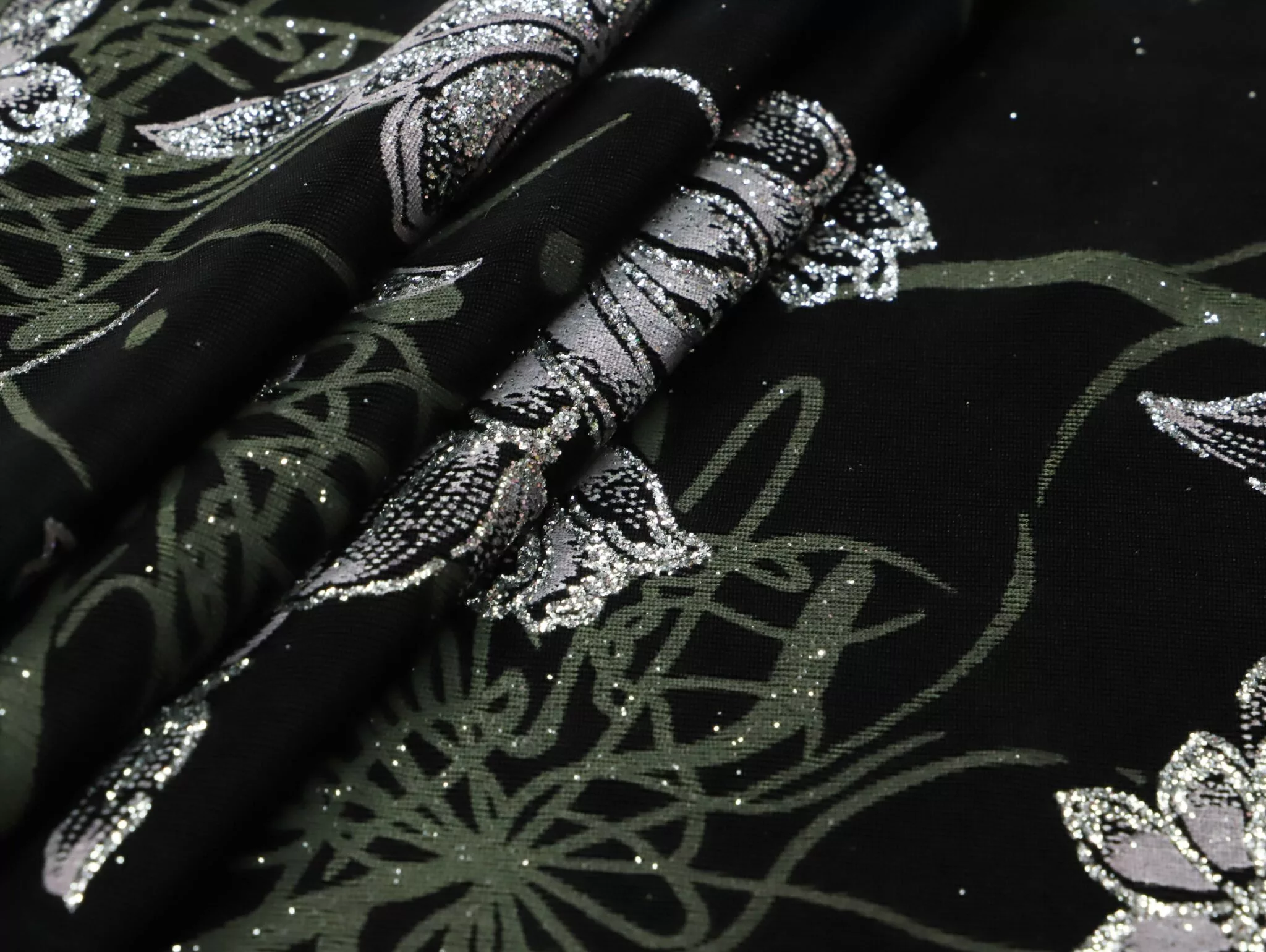IMG_0731 Glitter Slinky Acetato Spandex Motif Black Olive Silver — Wholesale Glitter Stretch Fabric | Stretch House