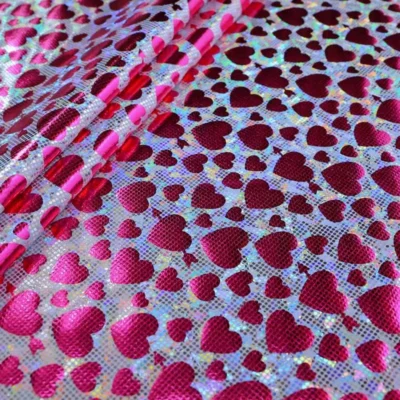 Heart cracked ice foil spandex in fuchsia, silver, and white — wholesale fabric