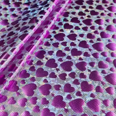 Heart cracked ice foil spandex in purple, silver, and white — wholesale fabric