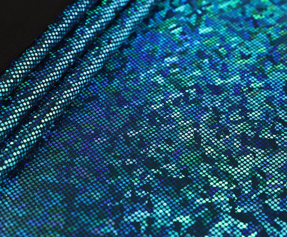 IMG_6429 Cracked ice holo spandex in turquoise and black — wholesale fabric