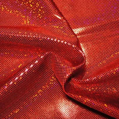 Digital holo foil dot spandex in red — wholesale fabric