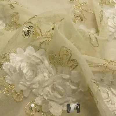 Ivory bella mesh embroidery 3mm sequins — wholesale fabric