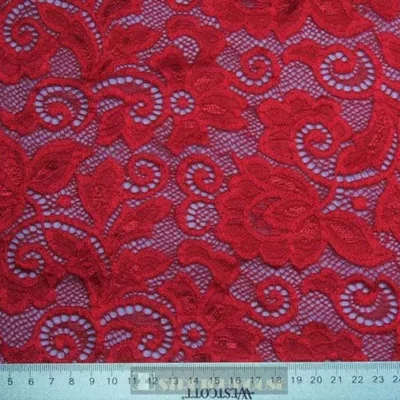 Red Alice Pattern Stretch Lace #2 — spandex fabric by the yard | Stretch House
