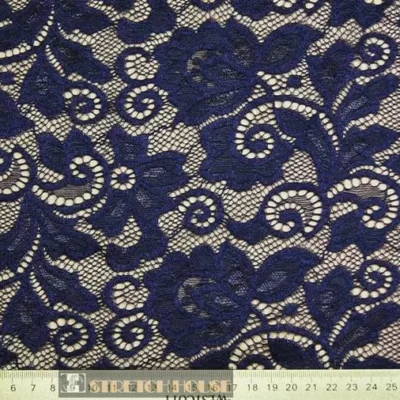 Navy Alice Pattern Stretch Lace #3 — spandex fabric by the yard | Stretch House