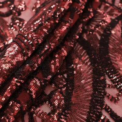 Designer sequins mesh spandex in maroon — wholesale stretch fabric