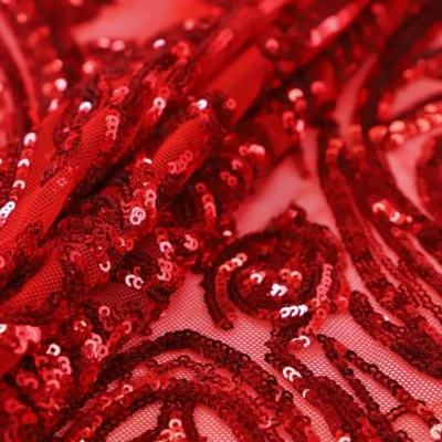 Designer sequins mesh spandex in red — wholesale stretch fabric