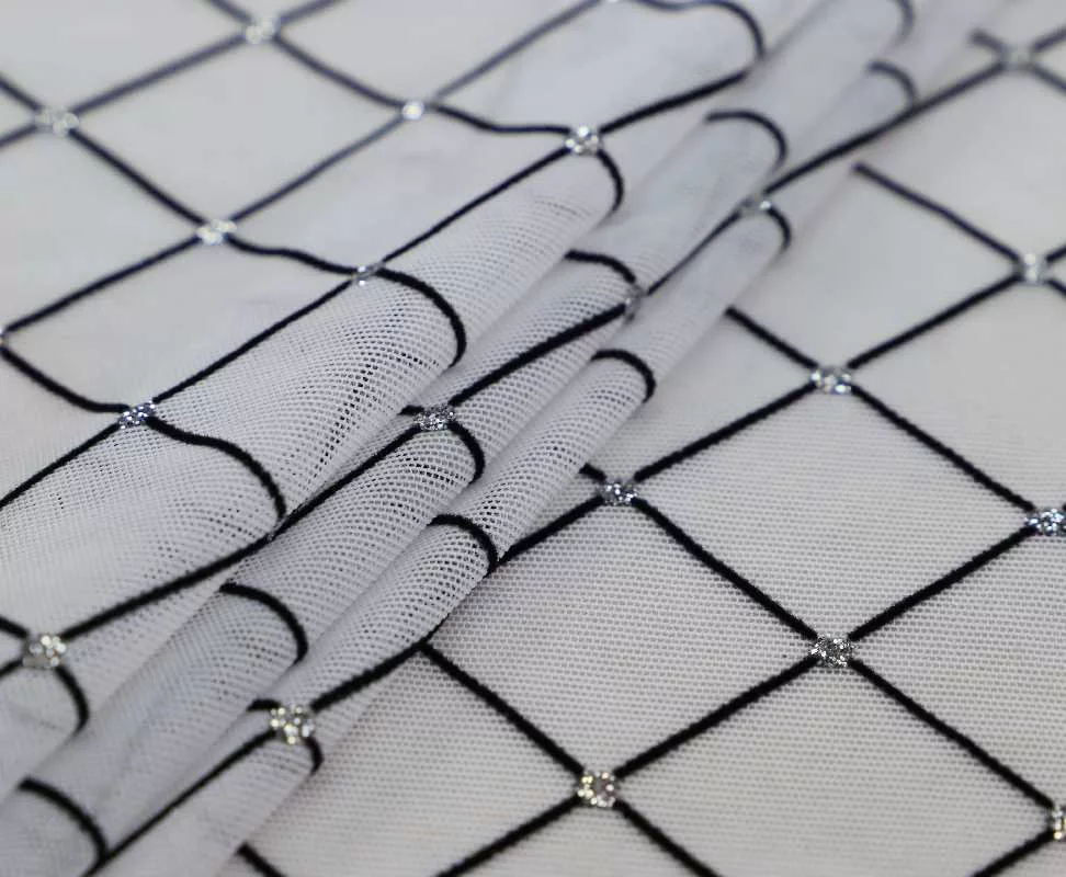 IMG_7944 Diamonds mesh spandex flock glitter in white, black, and silver — wholesale fabric