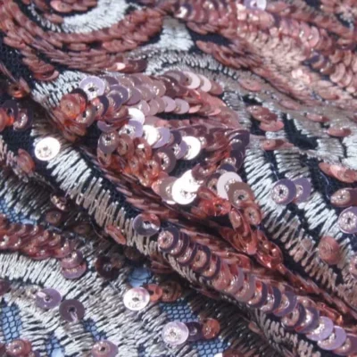 Blush nude embroidery spandex sequins on mesh — wholesale fabric