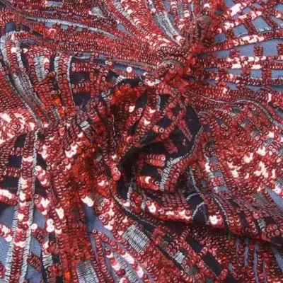 Red embroidery spandex sequins on mesh — wholesale fabric