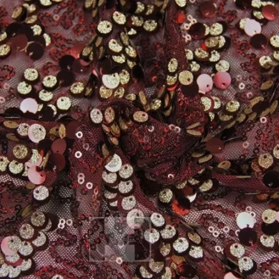 Burgundy gold fame mesh sequin — wholesale stretch fabric