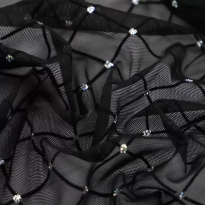 Diamonds Mesh Spandex Flock Glitter Black / Black / Silver #1 — spandex fabric by the yard | Stretch House