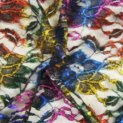 Black flower with multi color metallic foil — wholesale fabric