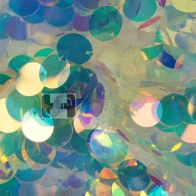 Large Blue Pink Pearl Holo Teardrop Sequins on Mesh #11 — spandex fabric by the yard | Stretch House