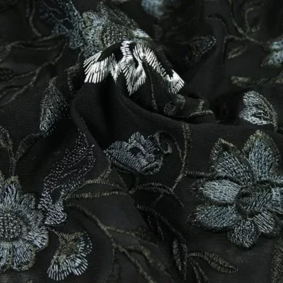 Black/ Charcoal/ LT. Grey Floral Embroidery on Black Power Mesh — spandex fabric by the yard | Stretch House