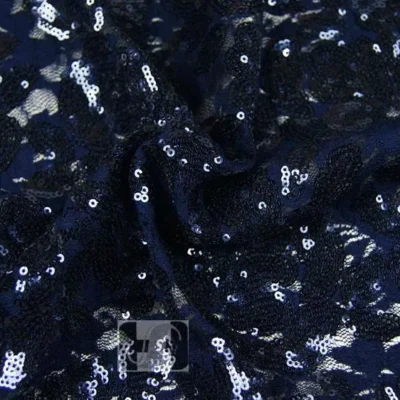 Navy flower petals lace sequin — wholesale stretch fabric