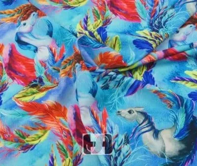 Aqua forest pink yellow blue printed spandex — wholesale fabric