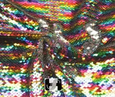 Multi Color/ Silver Reversible Two Tone Sequins Fabric Color#13 — spandex fabric by the yard | Stretch House