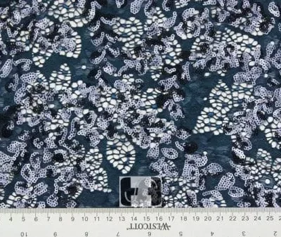 Teal/ Navy Wisteria Lace 3 mm Sequins Fabric #4 — spandex fabric by the yard | Stretch House