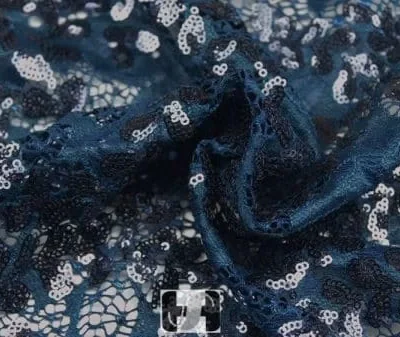 Teal navy wisteria lace 3mm sequins — wholesale stretch fabric