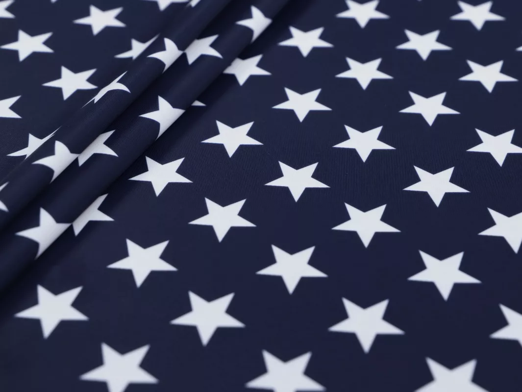 IMG_2272 Stars printed poly spandex in navy and white — wholesale stretch fabric