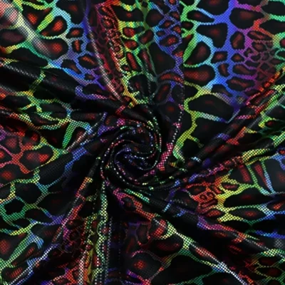 Animal print oil slick iridescent spandex in multi and black — wholesale fabric
