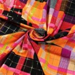Neon orange red magenta black pink foil dot printed spandex — wholesale fabric