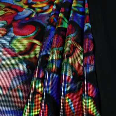 Melted  Skittles Multi/ Black Oil Slick Irid Spandex Fabric — spandex fabric by the yard | Stretch House