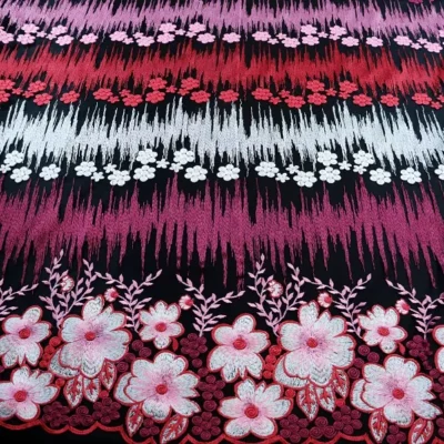 Multi color floral embroidered black tulle mesh — wholesale fabric