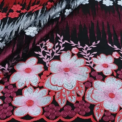 Multi colors Floral Embroidered Black Tulle #3 — spandex fabric by the yard | Stretch House