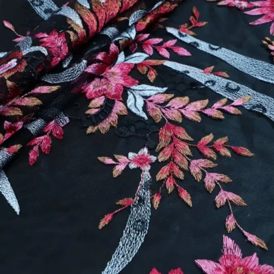 Multi colors Floral Embroidered Black Tulle #1 — spandex fabric by the yard | Stretch House