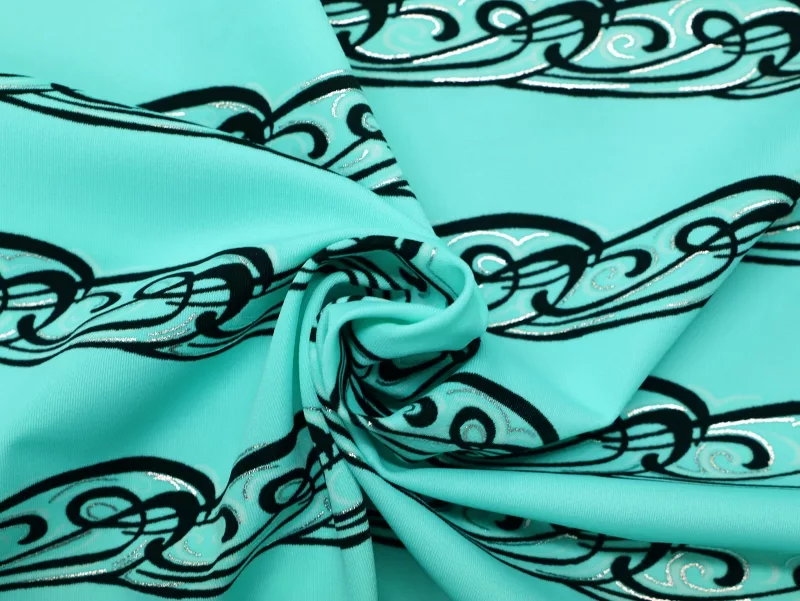 IMG_0265 Mint green black silver printed nylon spandex — wholesale fabric