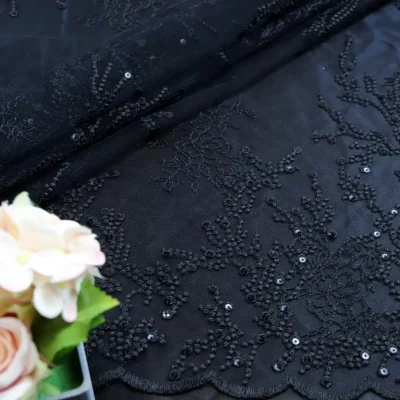 Black Embroidered with Sequins on Tulle #6 — spandex fabric by the yard | Stretch House