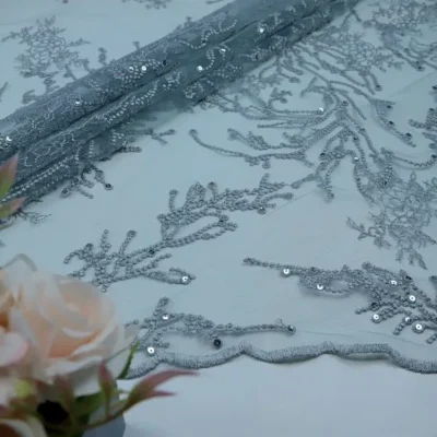 Gray Embroidered with Sequins on Tulle #5 — spandex fabric by the yard | Stretch House