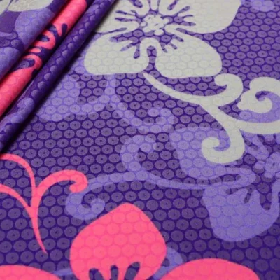Printed spandex metallic in purple, neon pink, white, and rose — wholesale fabric