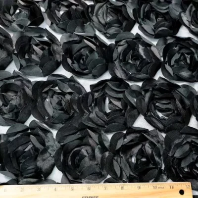 Polyester Satin Tulle 3D Rose Sheer Black / Black #6 — spandex fabric by the yard | Stretch House