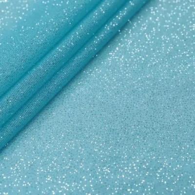 Glitter mesh spandex in aqua blue and silver — wholesale stretch fabric