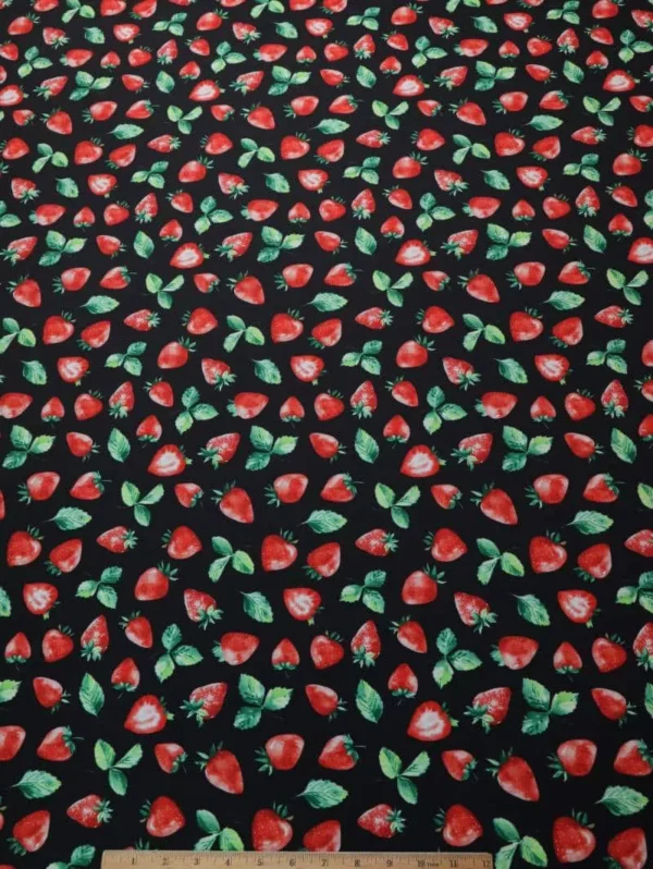 Strawberry Leaves Red Black Green Printed Polyester Spandex #706 — spandex fabric by the yard | Stretch House