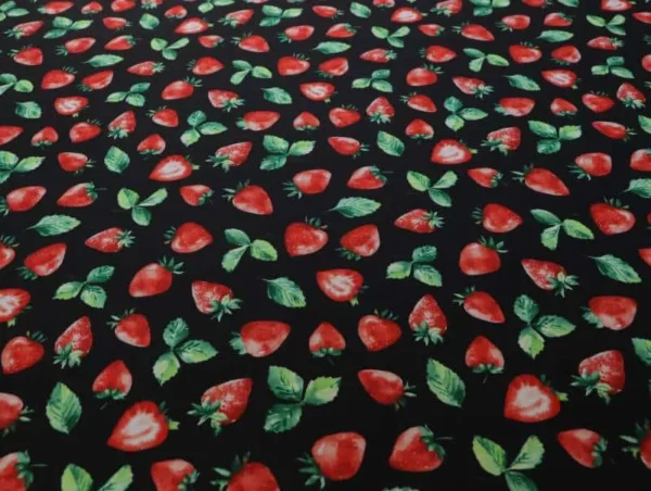 Strawberry Leaves Red Black Green Printed Polyester Spandex #706 — spandex fabric by the yard | Stretch House