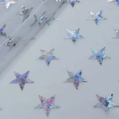 Stars holographic foil spandex mesh in white and silver — wholesale fabric