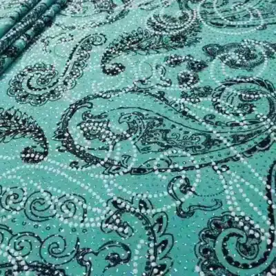 Glitter slinky spandex printed in aqua, black, and white — wholesale fabric